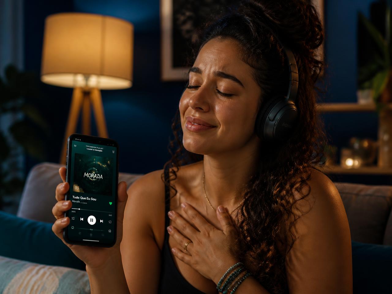 Mulher emocionada ouvindo sua música personalizada no celular
