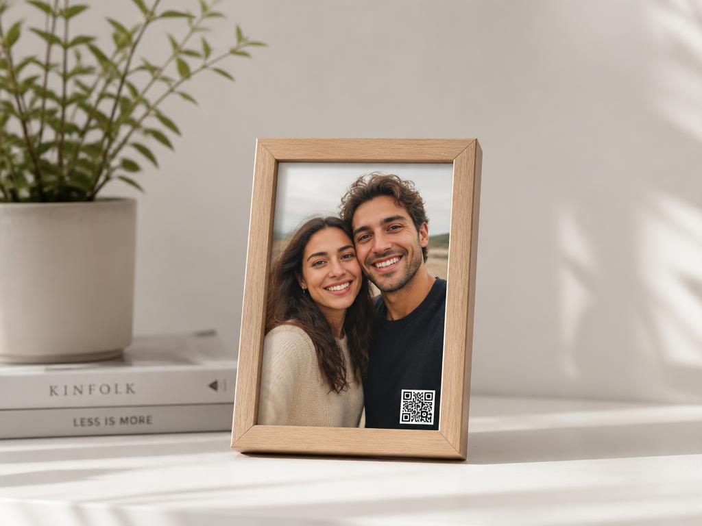 Quadro 10x15 com foto do casal e QR Code discreto