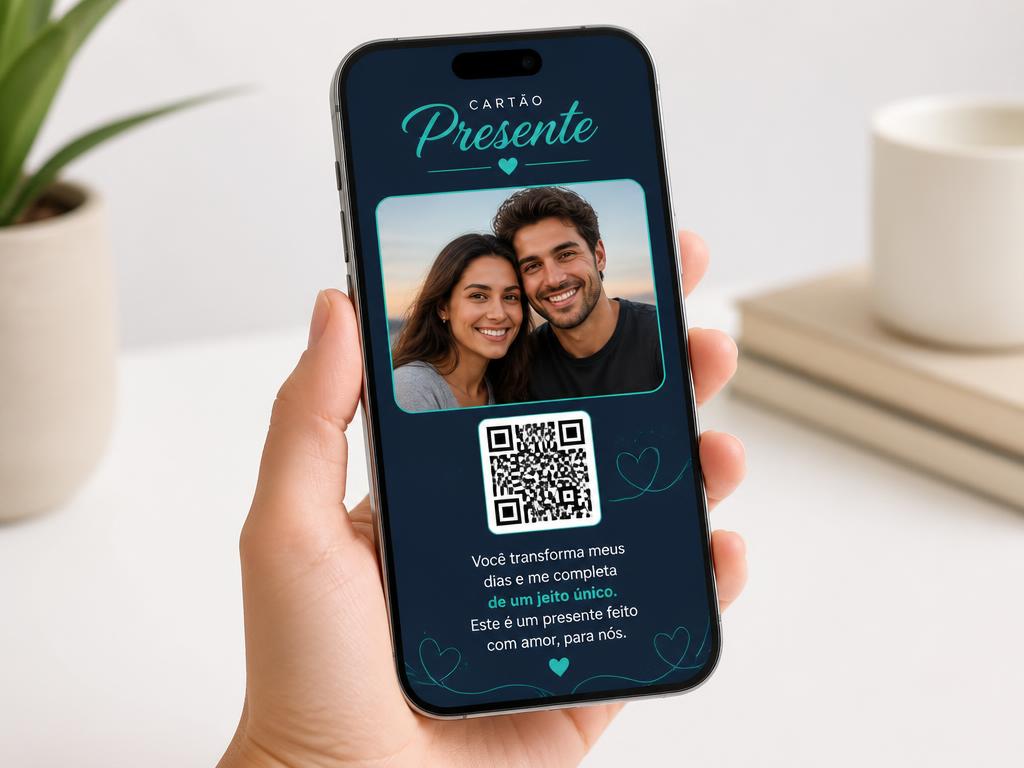 Cartão presente digital com foto do casal na tela do celular